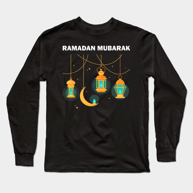 Ramadan Mubarak Ramadan Kareem Yellow Lantern Fanous Crescent Gift Long Sleeve T-Shirt by Amazing Arts